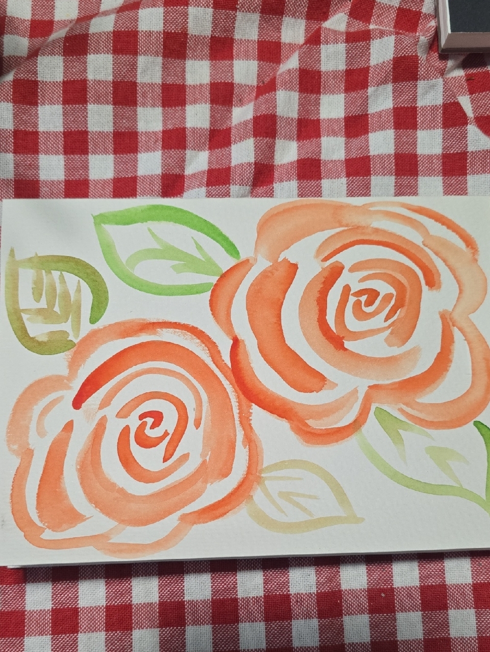 Watercolor Floral Painting CARD - Orange Roses with Green Leaves